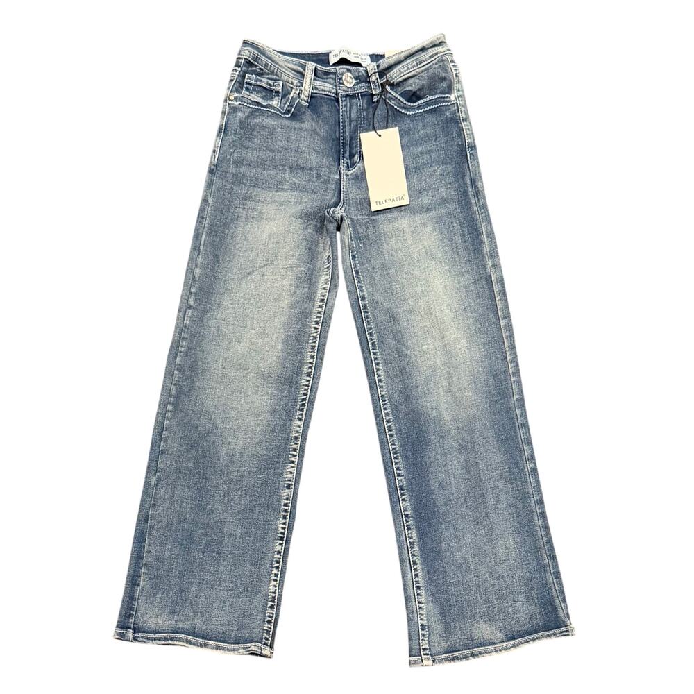 Telepatía Mid-Rise, Wide-Leg Denim Stretch Embellished Jeans Women’s 9/29 Skull - Picture 2 of 12